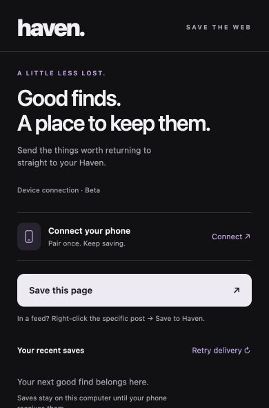 Haven’s actual extension popup showing Connect your phone and Save this page, in its unpaired state
