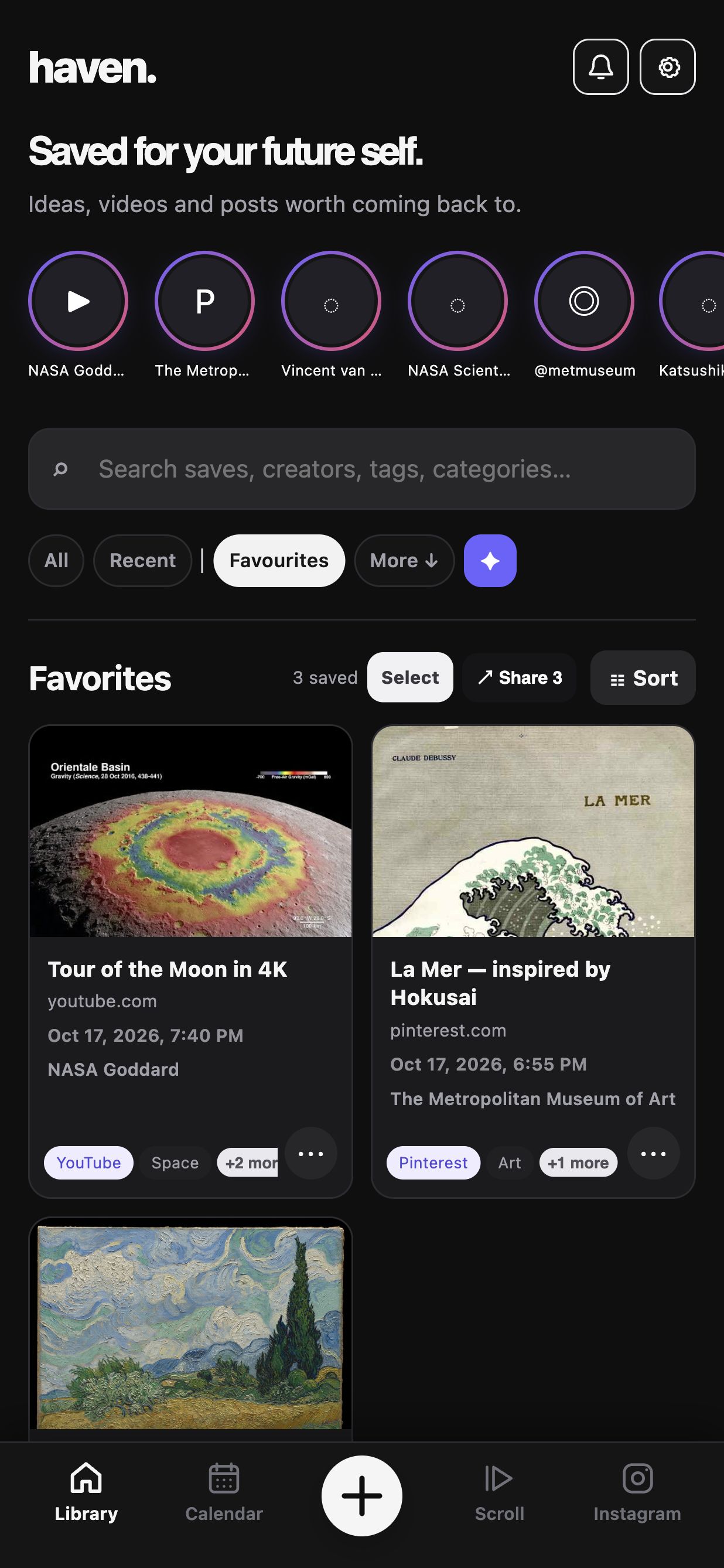 Actual Haven Favourites screen in dark mode