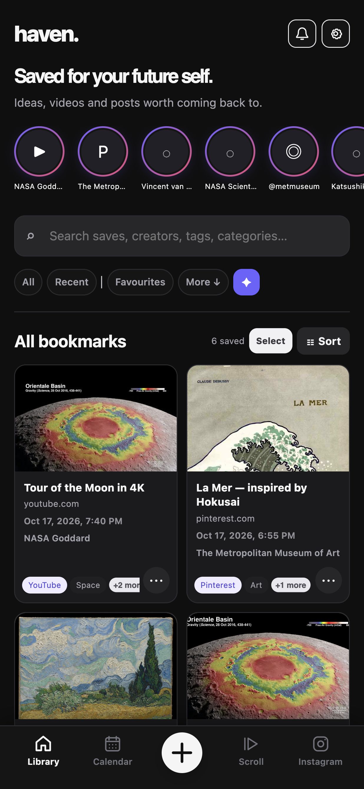 Actual Haven Library in dark mode, with saves from YouTube and Pinterest