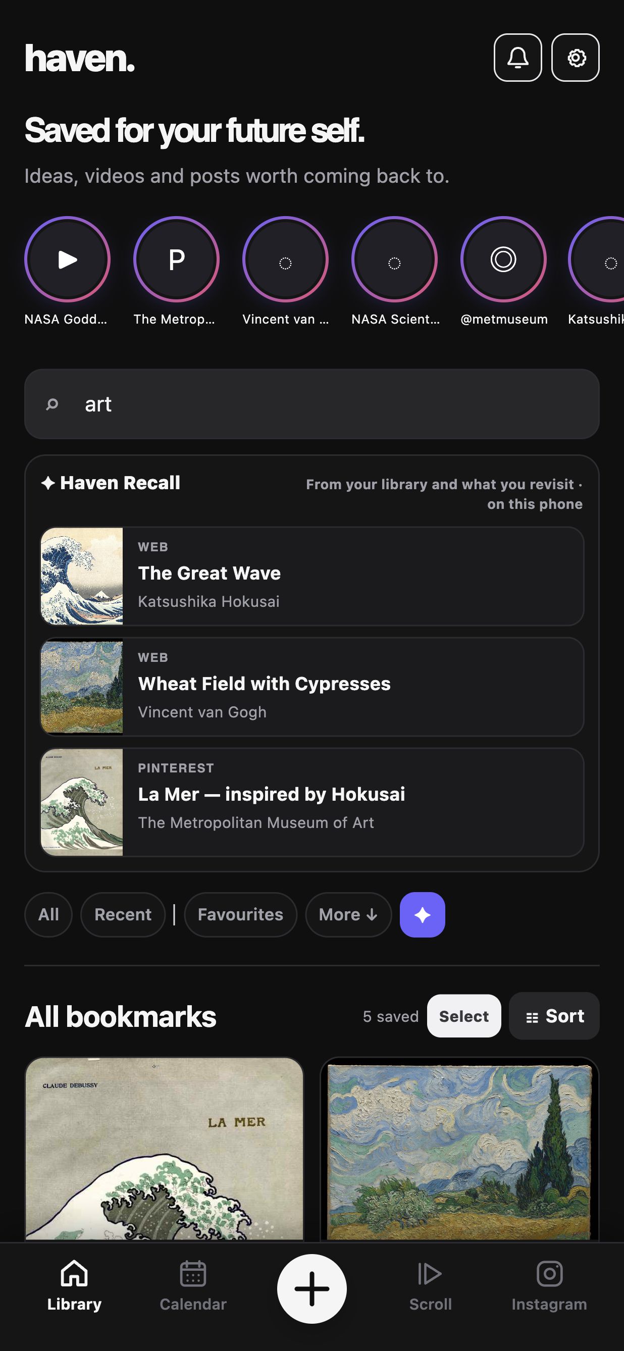 Actual Haven dark search screen, showing art-related saves